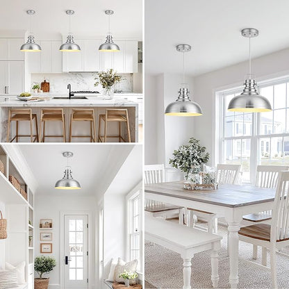 Refice Brushed Nikcel Farmhouse Pendant Lights Industrial Pendant Lighting for Kitchen Island Adjustable Height Dome Hanging Lights for Barn, Dining Room 3 Packs