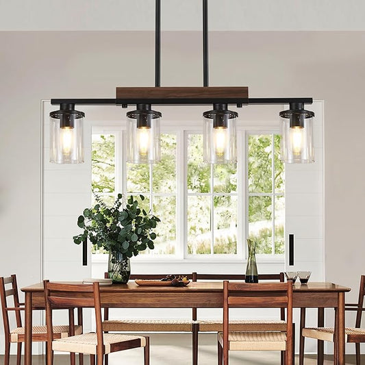 29.3'' Kitchen Island Light Fixtures, 4-Light Dining Room Light Fixture Chandelier Over Table, Black Modern Rustic Wood Ceiling Pendant Light Fixtures, with Clear Glass Shade, Farmhouse Chandelier