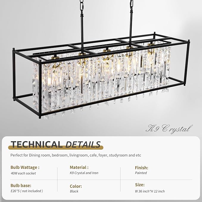 Modern Black Crystal Chandeliers For Dining Room, 36" Large Rectangle Water Ripple Glass Pendant Elegant Linear Lighting for Kitchen Island Dining Room LivingRoom Flat Inclined Ceiling,L36 x W11 x H19