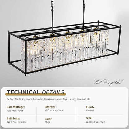 Modern Black Crystal Chandeliers For Dining Room, 36" Large Rectangle Water Ripple Glass Pendant Elegant Linear Lighting for Kitchen Island Dining Room LivingRoom Flat Inclined Ceiling,L36 x W11 x H19