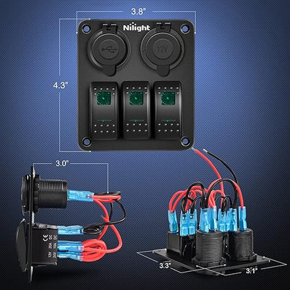 Nilight 3 Gang Rocker Switch Panel with USB Charger and Cigar Lighter 12V 24V Toggle ON Off Green Night Glow Stickers for Cars Rvs Trucks