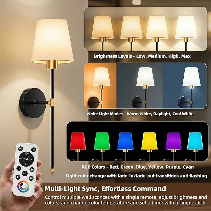 IRONPAX Wall Sconces Battery Operated Set of 2, Wireless Rechargeable Wall Sconce Set of Two, Dimmable Wall Lights with Remote for Bedroom Living Room Hallway Decor (Gold-Black, Fabric Shade)
