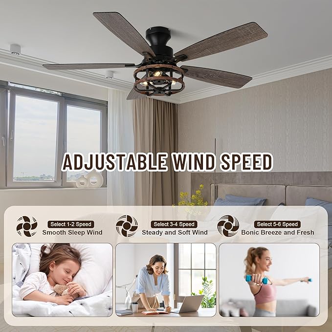 52" Farmhouse Ceiling Fans with Lights and Remote,Chandelier Ceiling Fan with 5 Double Colour Blades Reversible DC Motor,Rustic Caged Ceiling Fan for Living Room,Dining Room,Bedroom