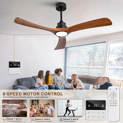 52 inch Ceiling Fans with Lights and Remote Control,Wall Switch,Solid Wood Blades,Dimmable,Reversible Noiseless,Power Off Memory Modern Black Ceiling Fan for Bedroom Patio Indoor/Outdoor Use