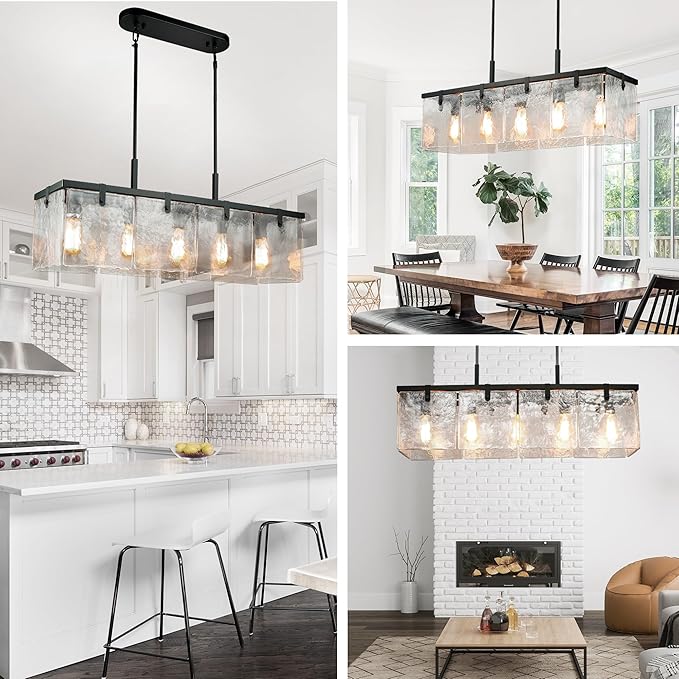 IKK Modern Textured Glass Chandeliers for Dining Room, 37" Rectangular Island Light Fixture, Rectangle Farmhouse Lighting for Kitchen Island, Living Room, L37 x W9.8 x H9.5