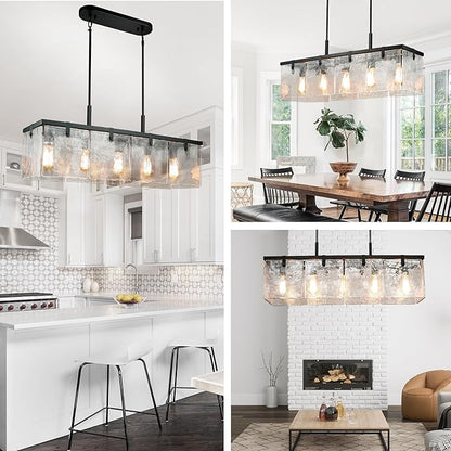 IKK Modern Textured Glass Chandeliers for Dining Room, 37" Rectangular Island Light Fixture, Rectangle Farmhouse Lighting for Kitchen Island, Living Room, L37 x W9.8 x H9.5