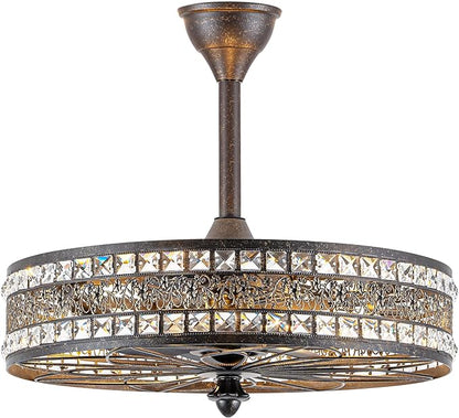 Vintage Chandelier Light Fixture, 6-Light Crystal Victorian Antique Bronze Fandelier Ceiling Fan with Light, Ornate Caged Bladeless Enclosed Drum Decorative Pendant for Dining Living Room, Bedroom