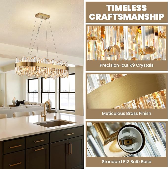Modern Crystal Chandelier, 16-Light Rectangular Gold Crystal Chandelier for Dining Room, Luxury Oval 2-Tiers K9 Crystal Flush Mount Pendant Ceiling Light for Living Room Kitchen Island L35.4''