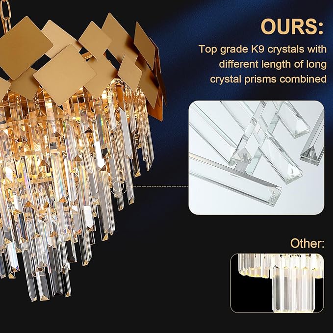 Modern Crystal Chandeliers Dining Room Chandelier over Table Gold Crystal Ceiling Pendant Light 24'' Chandelier k9 Luxury Hanging Lamp Fixtures Round Chandelier for Entryway Foyer Dining Room Bedroom
