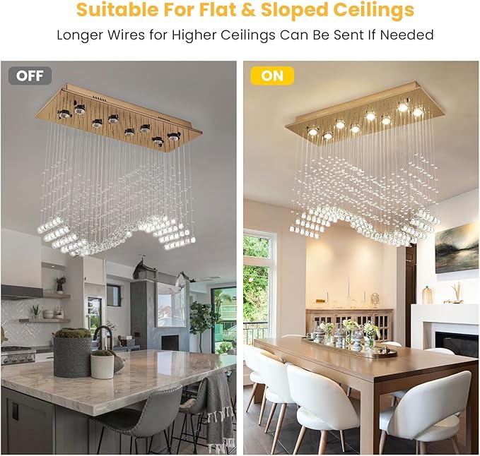 Siljoy Rectangular Gold Crystal Chandelier for Dining Room, 8-Light Modern Wave Raindrop Crystal Chandelier for Living Room Kitchen Island L31.5'' x W11.8'' x H32.2''