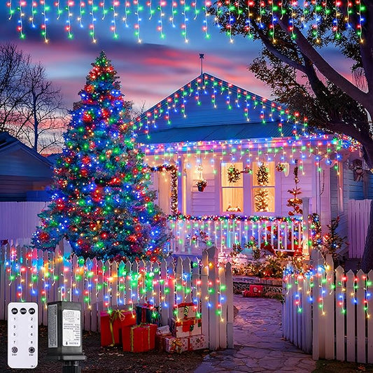 JMEXSUSS 400 LED 38.8Ft Icicle Christmas Lights with Remote - Outdoor Multicolor String Lights Plug in, 8 Mode for Outside Indoor House Yard Patio Eave Decorations