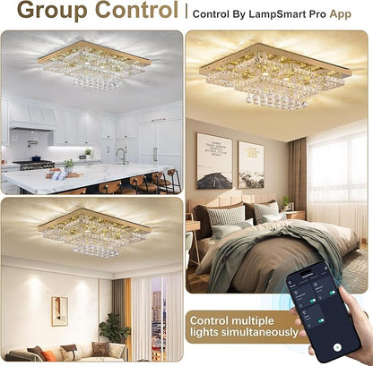 32 inch Flush Mount Chandelier Crystal Ceiling Light with Remote Control/APP, 3CCT Dimmable&Brightness Adjustable, Modern Crystal Raindrop Gold Chandeliers for Bedroom Hallway Dinning Room Living Room