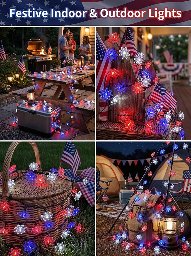 ITICdecor Solar Flower String Lights Outdoor Waterproof 50 LED Solar String Lights for Outside Decorative for Garden Fence Patio Yard Christmas Tree Lawn Party(Red White&Blue)