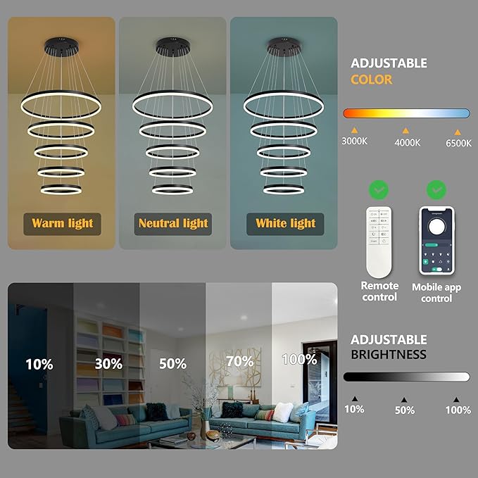 5 Rings Pendant Lights Modern Black Led Chandelier Black Modern Led Pendant Light Dimmable Height Adjustable Chandeliers for Dining Room Bedroom Entryway Living Room Foyer (3000K-6000K)
