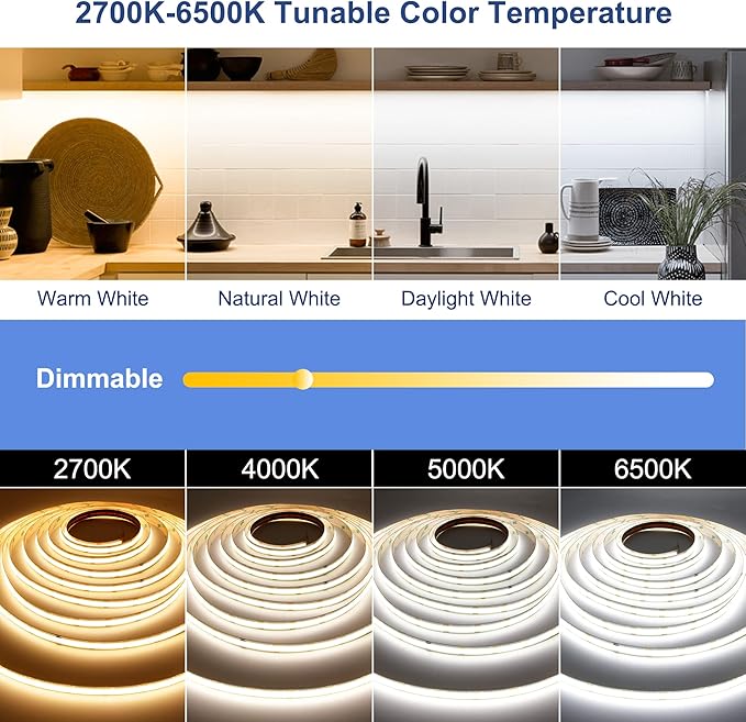 CCT COB LED Strip Lights, 49ft Dimmable 2700K-6500K 24V Tunable White LED Light Strip Kit, High Density CRI 90+ LED Strips with Remote Controller and Power Supply, for Bedroom Kitchen Home Lighting