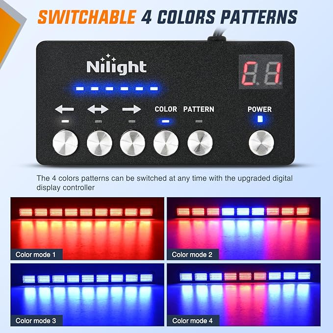 Nilight 162 LED Traffic Advisor Strobe Light Bar 2-in-1 Red Blue Emergency Warning Hazard Lights with Controller 4 Switchable Color 36 Flash Pattern for Trucks Cars Tow Plow Construction Vehicles