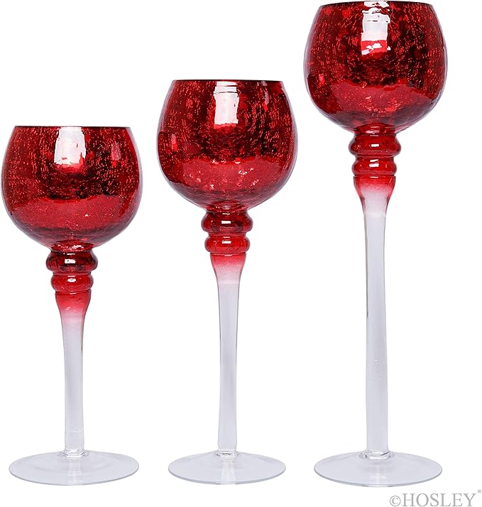 Hosley Set of 3 Crackle Red Glass Tealight Holders - 12 Inch, 10 Inch, 9 Inch Ideal for Weddings Special Events Parties Also Makes a Great Gift