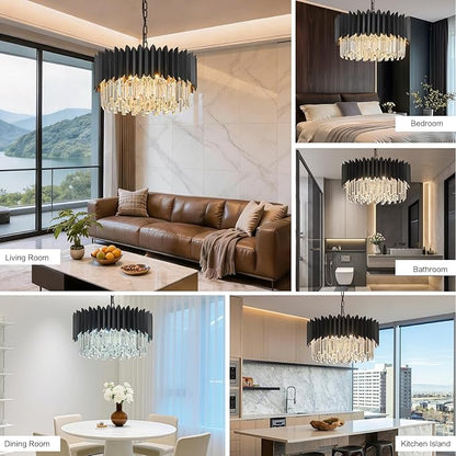 Black Crystal Chandelier 20'' K9 Crystal Round Pendant Lights Adjustable 4-Tier Large Modern Crystal Chandelier 6-Lights for Dining Room Living Room Kitchen Foyer Entryway