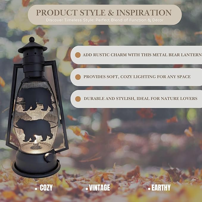 BestGiftEver Rustic Bear Lantern Table Lamp – Vintage Metal Nightlight with Electric Cord – Cabin, Lodge, Woodland Décor