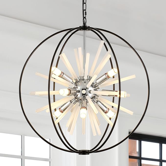 23.6" Black Chrome 9-Light Globe Sputnik Chandelier Modern Adjustable Hanging Ceiling Glass Tube Pendant Light Fixture for Entryway Foyer Staircase Dining Living Room Hallway
