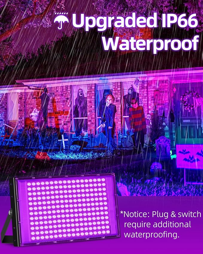 THECHAM 200W LED Black Lights IP66 Waterproof Black Light Outdoor with 10ft Plug+Switch, Flood Blacklight for Halloween Glow in The Dark Party Stage Light Neon Glow Birthday 2 Pack