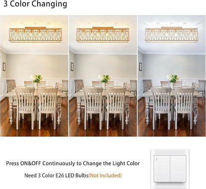 Garwarm 38.7 inch Gold Crystal Chandelier for Living Room, 6-Light Rectangle Flush Mount Ceiling Light Modern Chandeliers for Dining Room,Kitchen Chandeliers Over Table