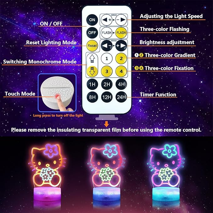 Cat Night Light for Kids, Anime Kitty Lamp with Timer, Remote Control, Changing Colors, Dimmable Acrylic LED Light for Christmas Birthday, Unique Gifts for Girls Boys Nursery Baby