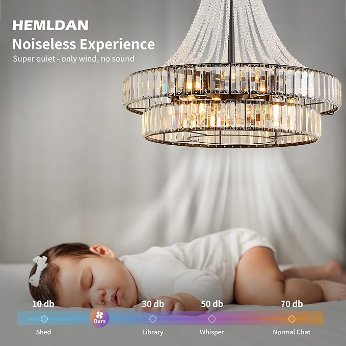 24" Modern Crystal Caged Fandelier, Smart Chandelier Fan with Remote and APP Control, Double Layer Ceiling Fan with Light for Dining Living Room Bedroom, Italian Design-Black