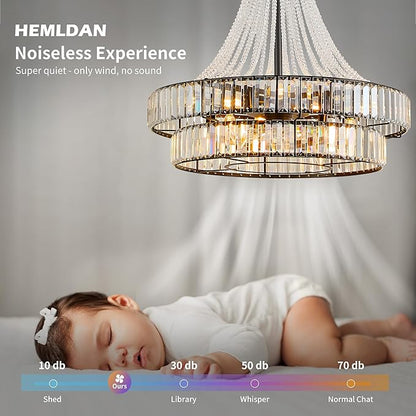 24" Modern Crystal Caged Fandelier, Smart Chandelier Fan with Remote and APP Control, Double Layer Ceiling Fan with Light for Dining Living Room Bedroom, Italian Design-Black