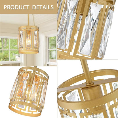 3-Pack Pendant Light Fixtures with K9 Crystals, Kitchen Island Lighting, Dining Room Light Fixture, Mini Chandelier for Kitchen Lights Ceiling, Foyer Lighting Fixtures, Gold Light Fixture