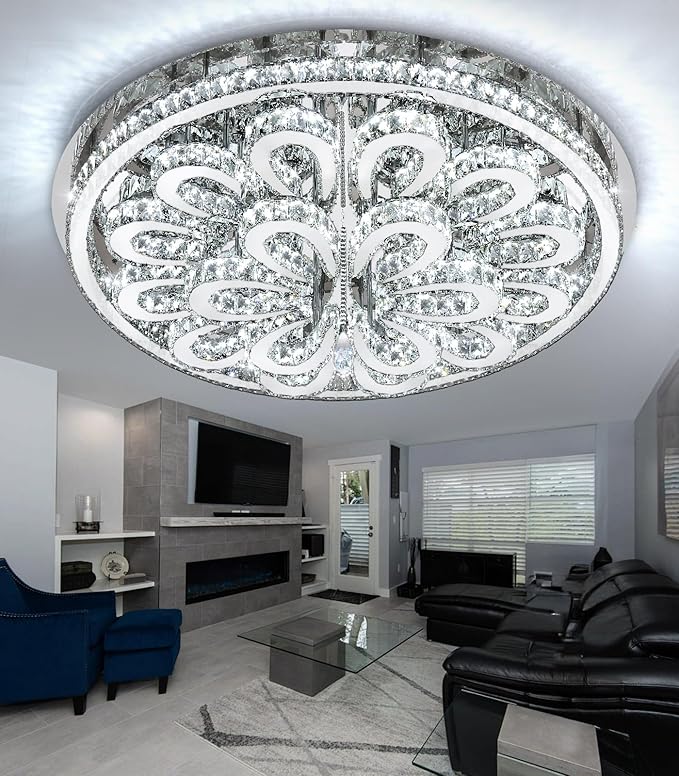 40'' Modern Chandeliers for Living Room Crystal Large Chandelier Ceiling Light Fixture LED Dimmable with Remote Pendant Lighting Flush Mount Lighting for Dining Room Bedroom Silver