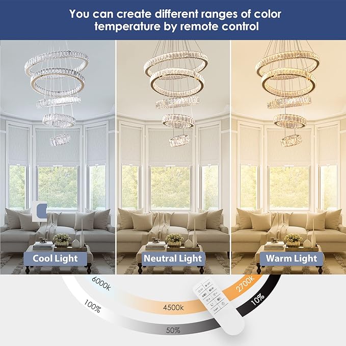 Dixun Dimmable LED Chandeliers Big Crystal Chandeliers Modern 5 Rings Pendant Light Adjustable Height Ceiling Lamp for Bedroom Dinning Room Living Room Kitchen (Titanium Gold)