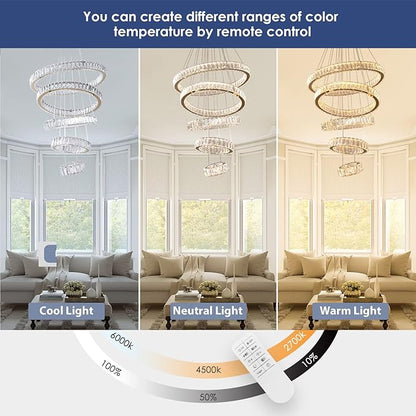 Dixun Dimmable LED Chandeliers Big Crystal Chandeliers Modern 5 Rings Pendant Light Adjustable Height Ceiling Lamp for Bedroom Dinning Room Living Room Kitchen (Titanium Gold)