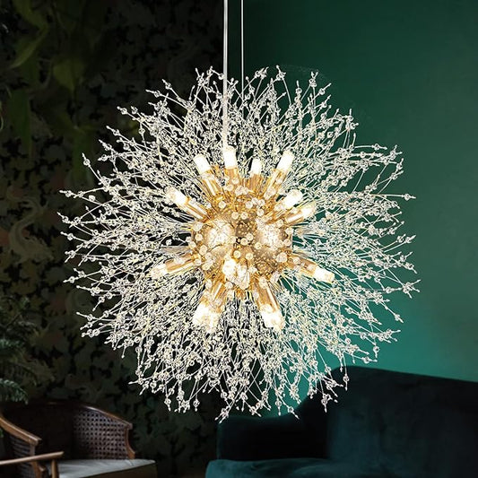 SineRise Modern Crystal Chandeliers Firework, Crystal Light Fixture, Dandelion Chandelier (16-Light, Gold) for Foyer Hallway Entryway Kitchen Bedroom