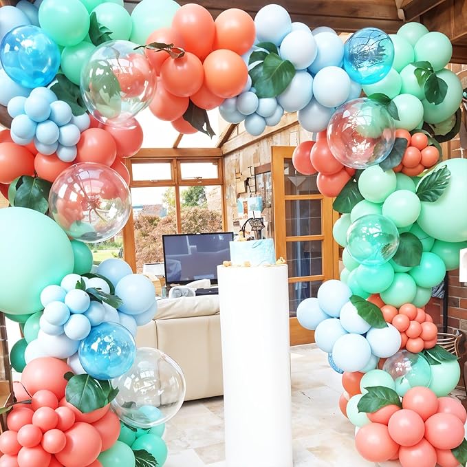 Aqua Blue Coral Pearl Balloon Garland Arch Kit,Coral Pearl Champagne Gold Teal Confetti Balloons Garland Kit for Summer Hibiscus Stickers for Tropical Hawaii Magic Theme Party Supplies