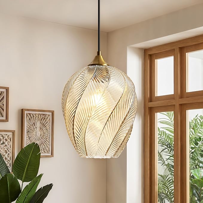 Amber Glass Gold Pendant Light, Farmhouse Kitchen Island Pendant Light Fixture Adjustable Vintage Hanging Ceiling Light for Dining Room Corridor Bedroom 1 Pack, UL Certification