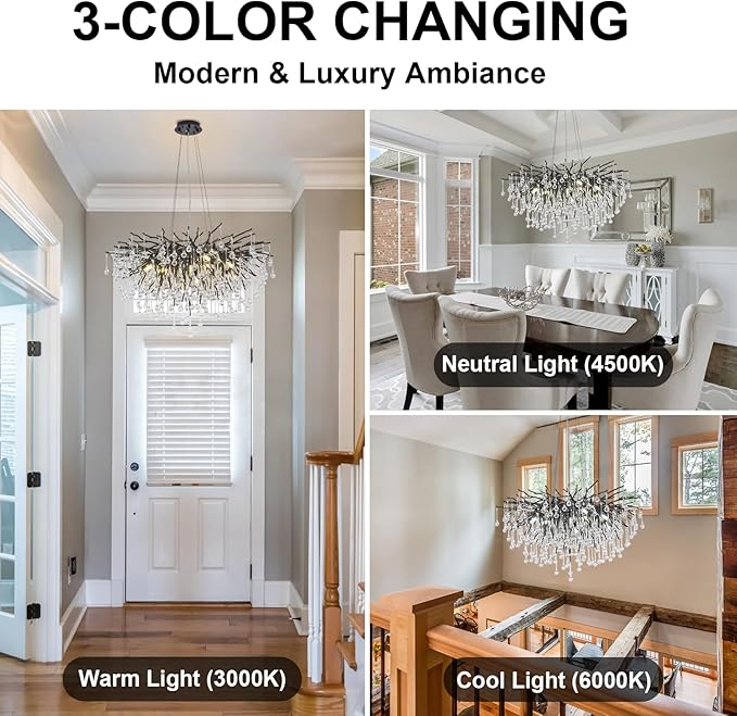 Chandeliers for Dining Room - 31.5" Modern Black Crystal Chandelier, Round Tree Branch Raindrop Chandelier, Foyer Chandeliers for Entryway, Living Room,Bedrooms,Bathroom(Bulb not Included)