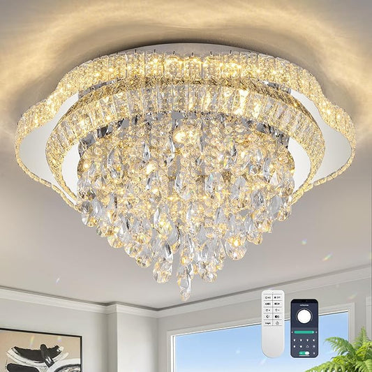 Silver 24" Modern Flush Mount Chandelier for Living Room, LED Crystal Ceiling Light for Bedroom,Elegant Dining Room Lighting Fixture with Remote Control, 3CCT Dimmable