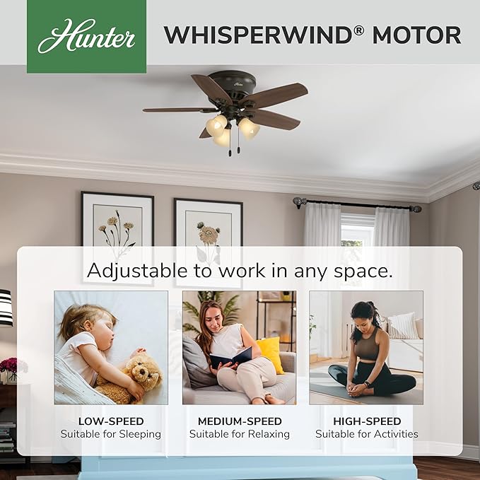 Hunter 42 inch Indoor Ceiling Fan with LED Lights - Bronze Ceiling Fan with Pull Chain, For Bedroom, Living Room, or Kitchen, Low Profile Flush Mount, No Remote, 5 Blades - Builder 51091, New Bronze