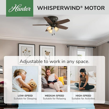 Hunter 42 inch Indoor Ceiling Fan with LED Lights - Bronze Ceiling Fan with Pull Chain, For Bedroom, Living Room, or Kitchen, Low Profile Flush Mount, No Remote, 5 Blades - Builder 51091, New Bronze