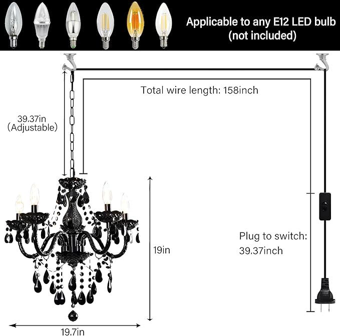 Black Modern 5-Light Crystal Chandelier Acrylic Hanging Pendant Light with Plug-in Cord & Switch, 19x19.7 Inch for Kitchen Island Dining Room Bedroom Decor