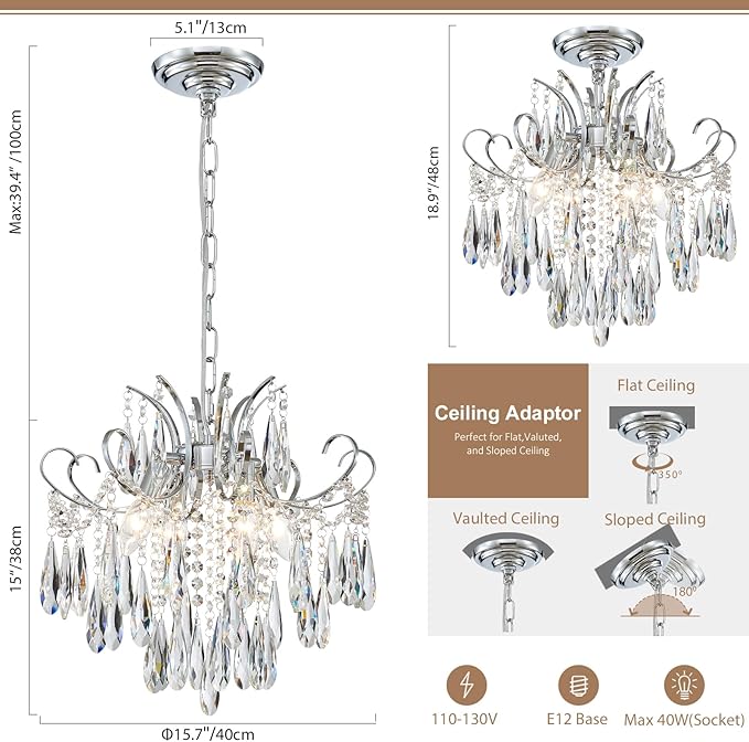 Modern Crystal Chandelier Ceiling Light Fixture, 4-Light Pendant Ceiling Hanging Lamp for Dining Living Room Bedroom Kitchen, 16" Chrome Chandelier