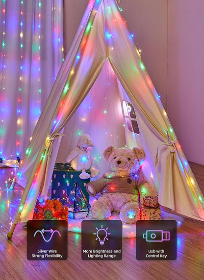 Brightown 300 LED Fairy Curtain Lights, Curtain String Lights, USB Plug in 8 Lighting Modes Christmas Decoration, Hanging Lights with Remote for Bedroom Indoor Weddings Dorm Multicolor 1 Pack