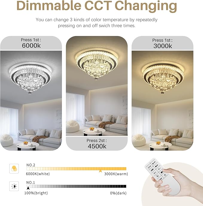 COCOSTAR 24" Crystal Chandeliers, Flush Mount Chandelier LED Ceiling Light, Modern Crystal Raindrop Chandeliers for Dining Room, Living Room, Bedroom