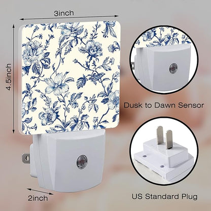 Vintage Blue Flowers Night Light, Abstract Botanical Floral Leaves Dusk to Dawn Night Light Plug in, 0.5w Energy Saving Sleep Friendly NightLight for Kids Boys Girls Home Decor