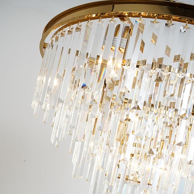 Gold Top K9 Crystal Chandelier Modern Lighting Fixture, 9 Lights Round K9 Crystal Adjustable Hanging Lamp for Dining Room Bedroom Living Room,Hallway,Bar,Kitchen W24''
