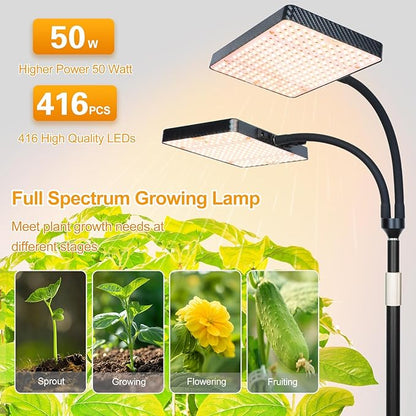 FECiDA 2026 2Head Floor Lamp Grow Light, Grow Lights with Stable Stand Base for Indoor Plants, Bonsai Tree, 4/8/12/16/20 Hr Timer, 50 Watt Power Draw, NO Need Adapter, 40"-76" Height Adjustable