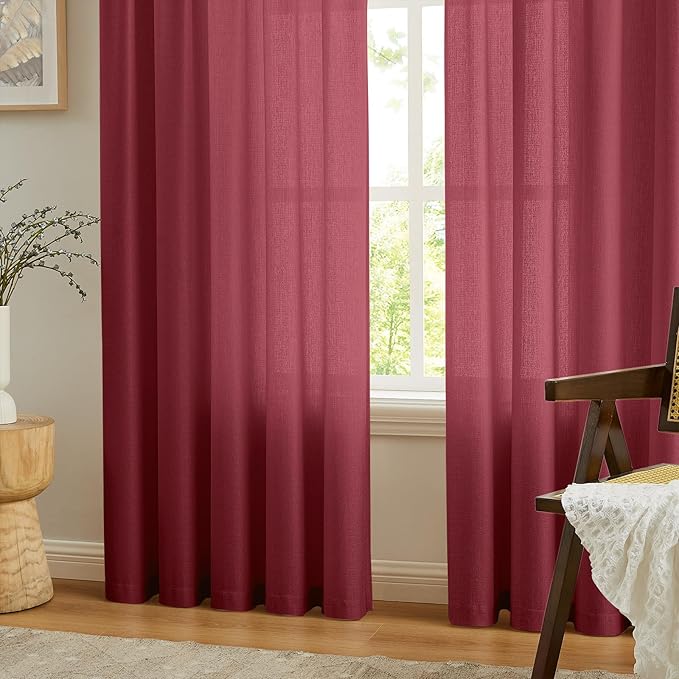 Melodieux Burgundy Semi Sheer Curtains 72 Inches Long for Bedroom, Living Room Farmhouse Linen Look Shiny Sheer Drapes, Rod Pocket Light Filtering Sheer Curtains, 52" W x 72" L, 2 Panels