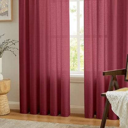 Melodieux Burgundy Semi Sheer Curtains 72 Inches Long for Bedroom, Living Room Farmhouse Linen Look Shiny Sheer Drapes, Rod Pocket Light Filtering Sheer Curtains, 52" W x 72" L, 2 Panels