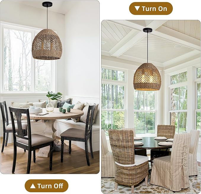 2-Light Rattan Pendant Light, 13.78" Handwoven Boho Pendant Light, Rattan Wicker Hanging Ceiling Lighting Chandelier for Kitchen Island Restaurant Bedroom Living Room